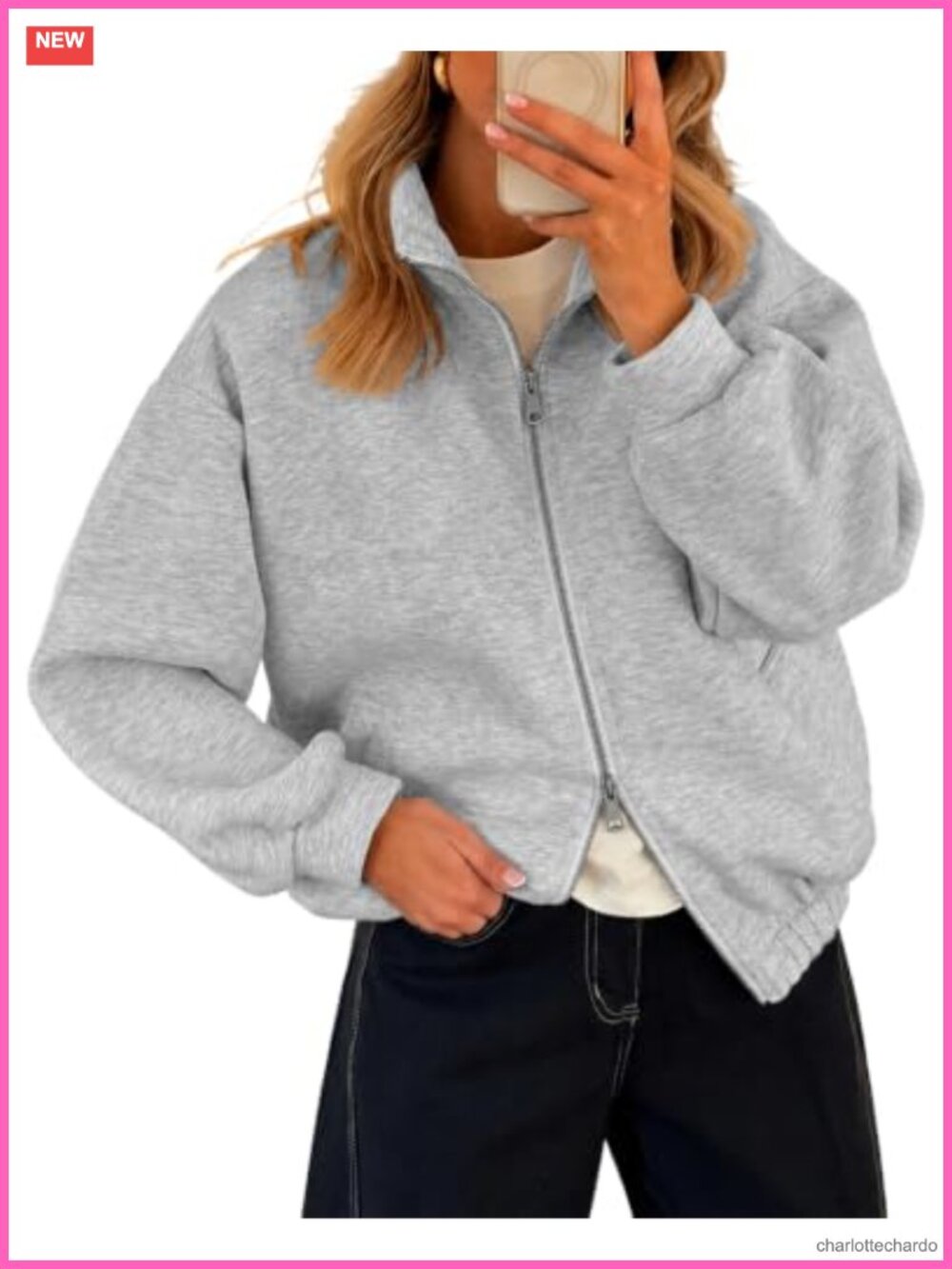 Women's Fleece Zip Up Sweatshirt Stand Collar Drop Shoulder Y2K Casual Jacket